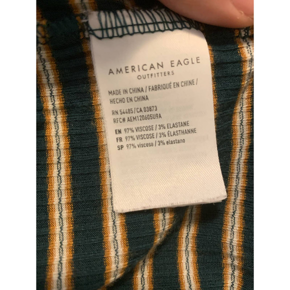 American Eagle green yellow short sleeves stripes front knot tee size large - Picture 5 of 7
